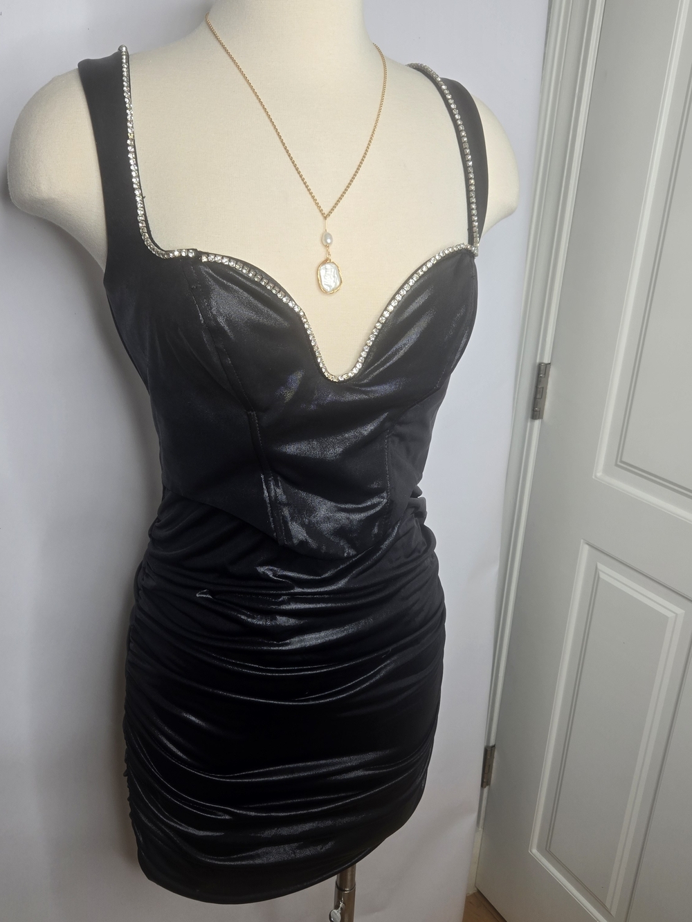 Oh Polly Black Slutty Club Rhinestone-Trim Mini Bodycon Dress